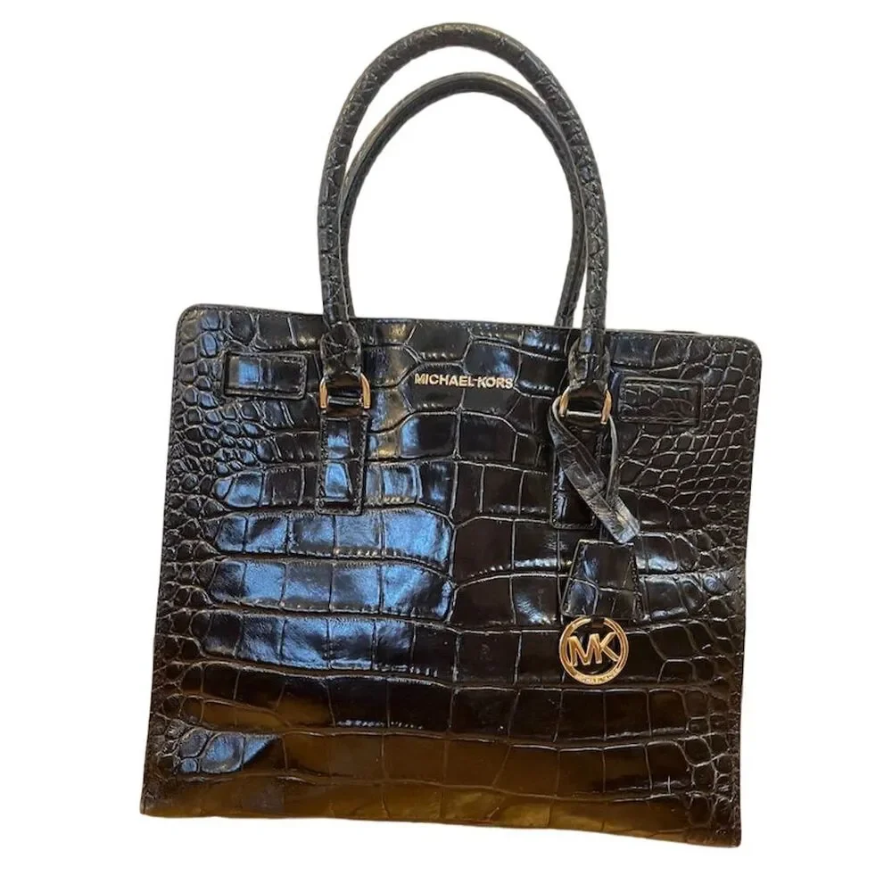 MICHAEL KORS Dillon Large Black Crocodile Embossed Leather Satchel